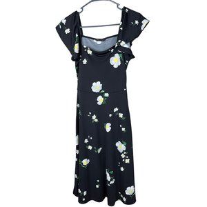 Banana Republic Black Floral Fit Flare Flutter Sleeve Midi Dress Womens Size XS
